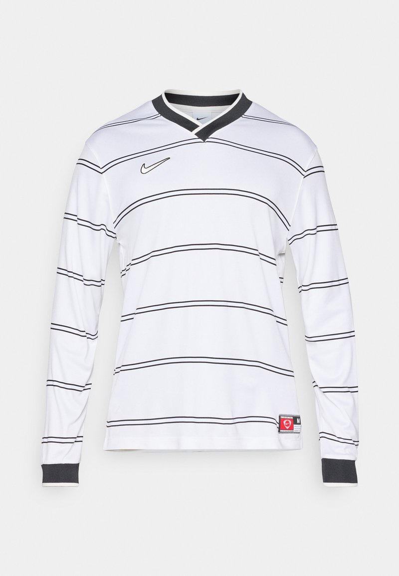 Weißes Langarmtrikot mit schwarzen horizontalen Streifen, einem V-Ausschnitt mit schwarzem Besatz und einem Nike-Logo auf der oberen linken Brust.