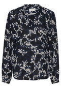 Langärmlige Bluse in Marineblau mit floralem Druck in Weiß. Verfügt über einen rüschengesäumten Ausschnitt und einen geraden Saum. Aus weichem, leichtem Stoff.
