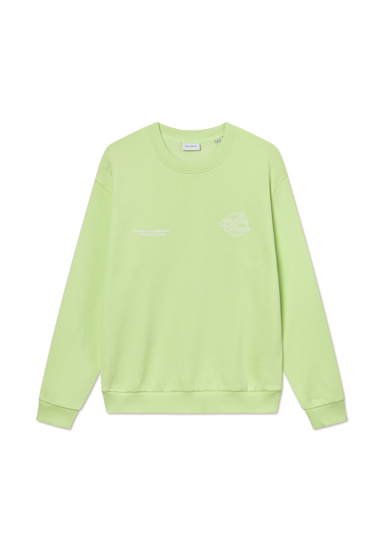 Hellgrünes Sweatshirt aus weicher Baumwolle. Es hat einen Rundhalsausschnitt, lange Ärmel und ein kleines, in Weiß auf der Vorderseite gedrucktes Logo.