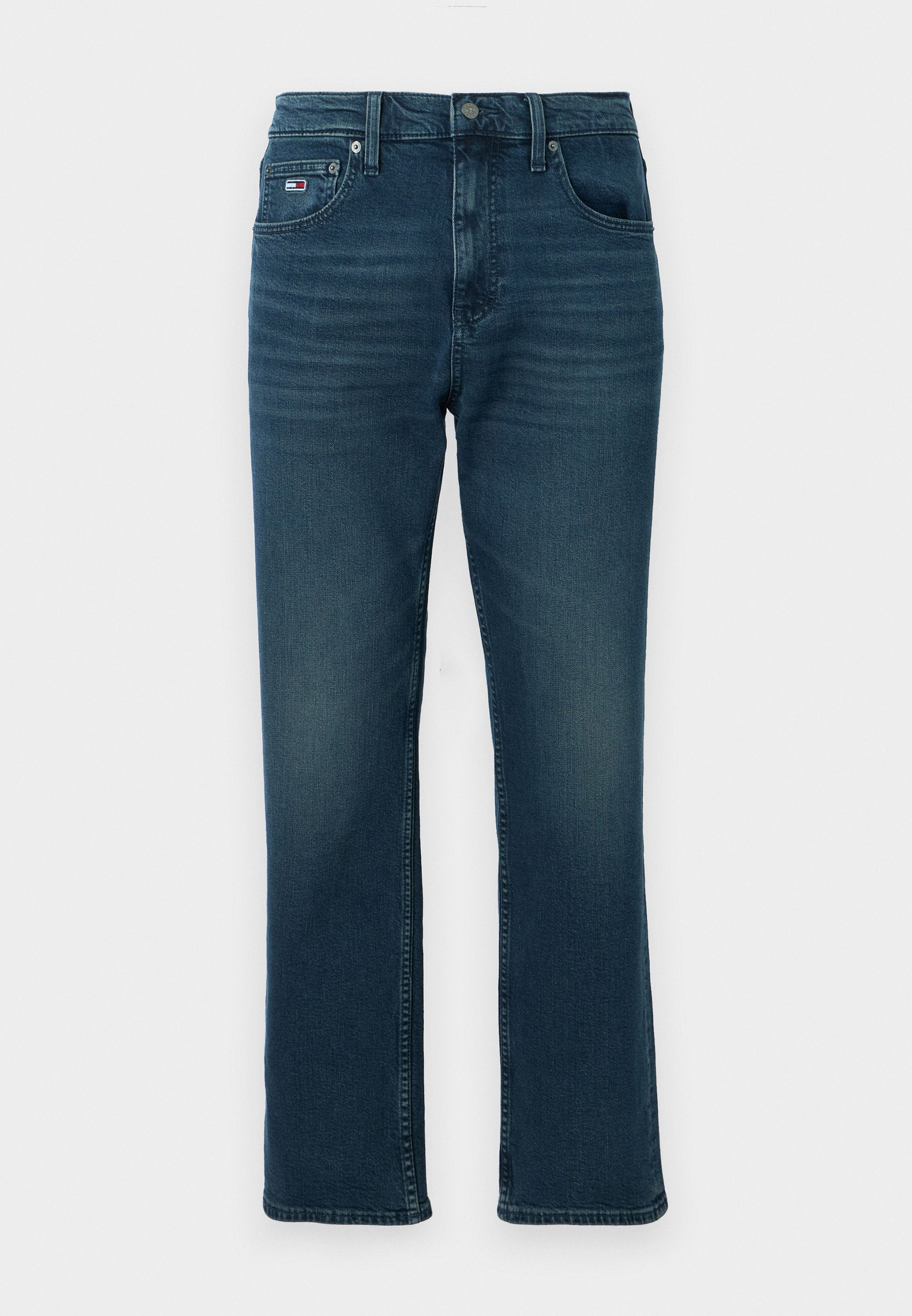 Dunkelblaue Jeans aus Denim mit geradem Beinschnitt, Fünf-Taschen-Design, sanften Abriebs und sichtbaren Nähten. Standardbund mit Gürtelschlaufen.