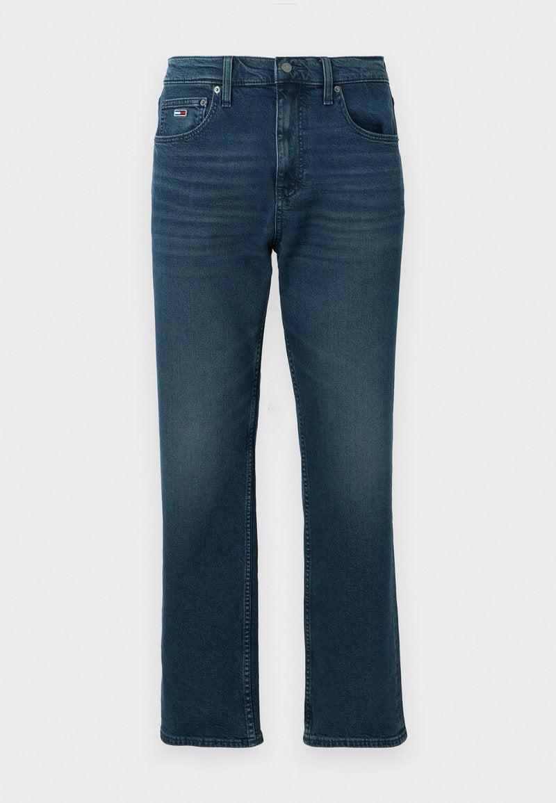 Dunkelblaue Jeans aus Denim mit geradem Beinschnitt, Fünf-Taschen-Design, sanften Abriebs und sichtbaren Nähten. Standardbund mit Gürtelschlaufen.