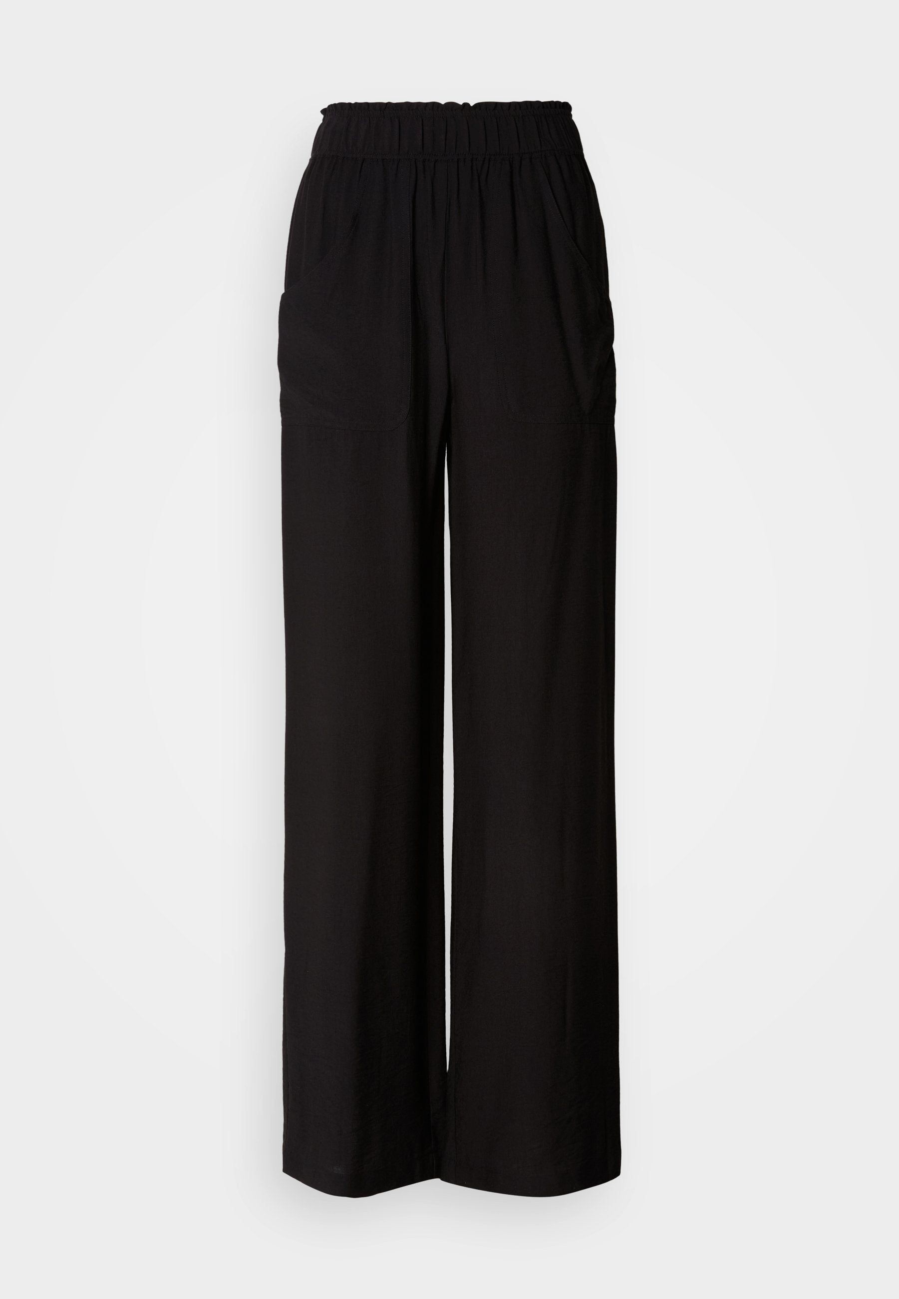 Schwarze, weit geschnittene Hosen mit elastischem Bund, zwei Seitentaschen und einem leichten Stoff, der eine glatte Textur und eine lockere Passform aufweist.