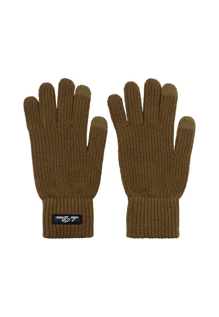 Braune gestrickte Handschuhe mit geripptem Muster, ausgestattet mit einem Bündchen und berührungsempfindlichen Fingerspitzenakzenten. Etikett im Handgelenkbereich sichtbar.