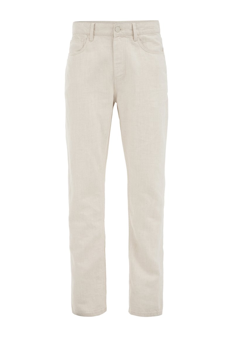 Beige Leinenhose mit geradem Bein, ausgestattet mit vorderen Taschen, einem Reißverschluss und einem einzelnen Knopfverschluss. Glatte Textur und lässiger Stil.