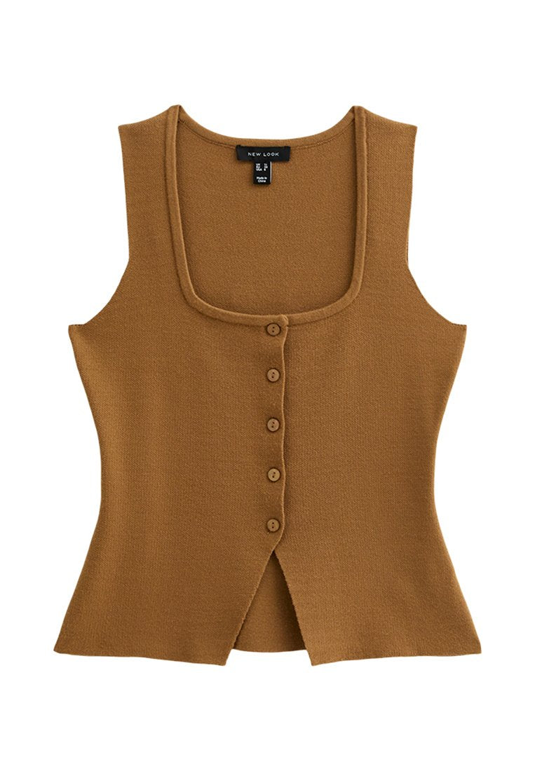 Brauner, gestrickter Tanktop mit quadratischem Ausschnitt, vorderer Knopfleiste und leicht ausgestelltem Saum mit seitlichen Schlitzen.