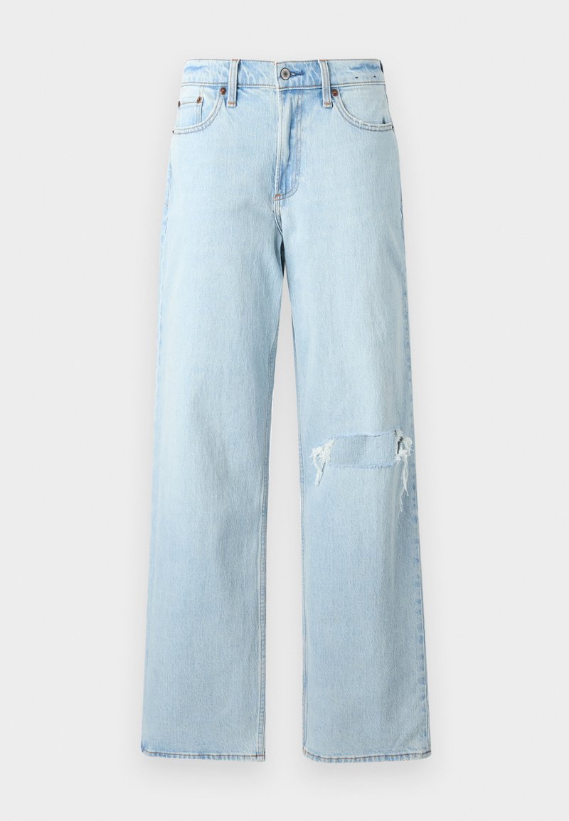 Helle blaue Denim-Jeans im weiten Schnitt, mit einem distressed Knie und klassischem Fünf-Taschen-Design. Glatte Textur, lässiger Stil.