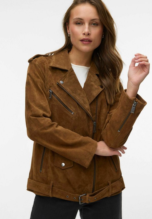 Vero Moda Suede VMROYCEASTRID Biker - Leather jacket - cognac