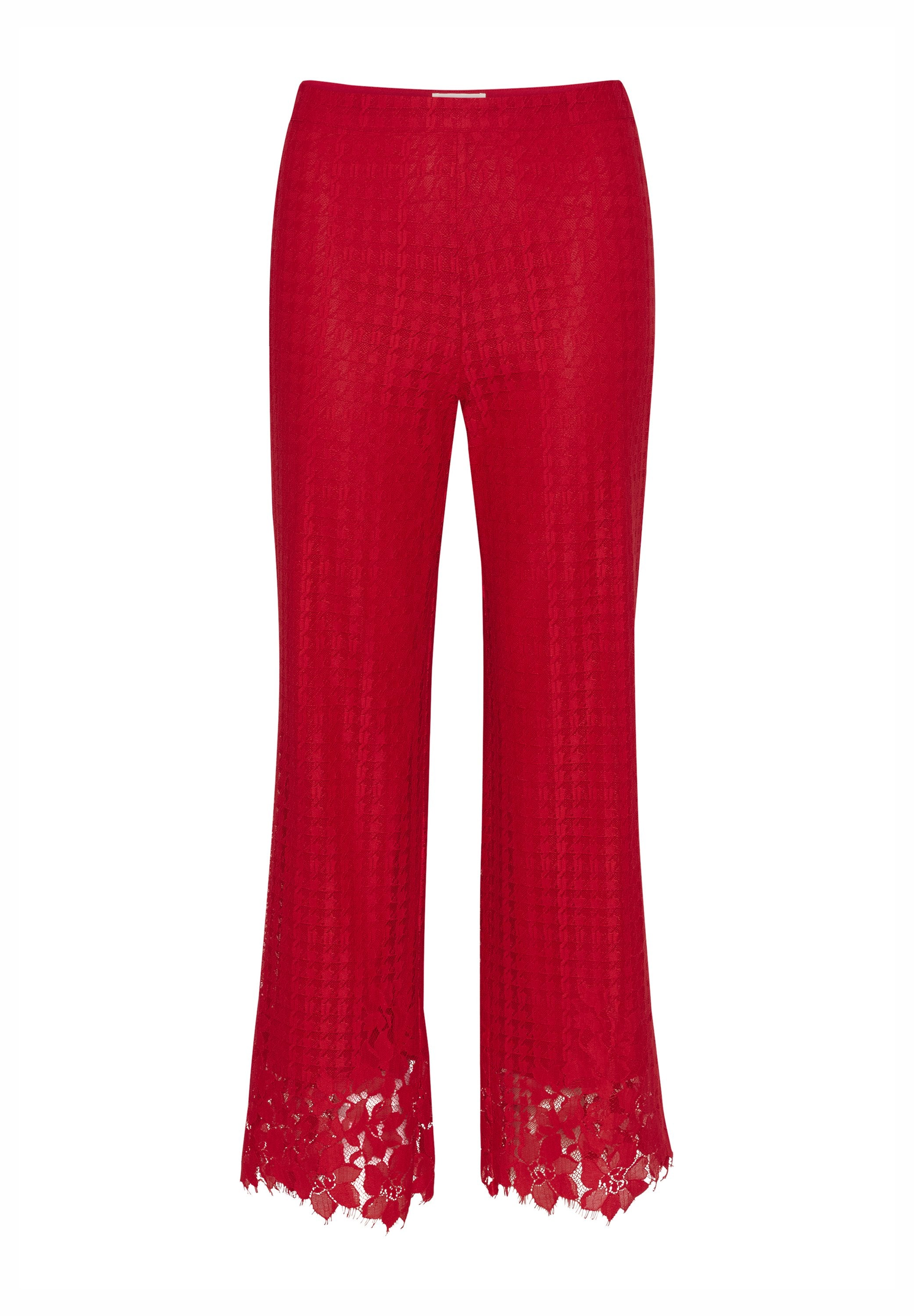 Rote Spitzenhose mit weitem Bein, die ein strukturiertes Muster und einen gewellten Saum aufweist. Hergestellt aus leichtem Material.