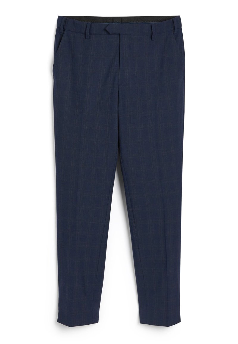 Marine-karierte Hose mit schmaler Passform, aus einem glatten Stoff gefertigt. Verfügt über zwei seitliche Taschen und einen Bund mit Gürtelschlaufen.