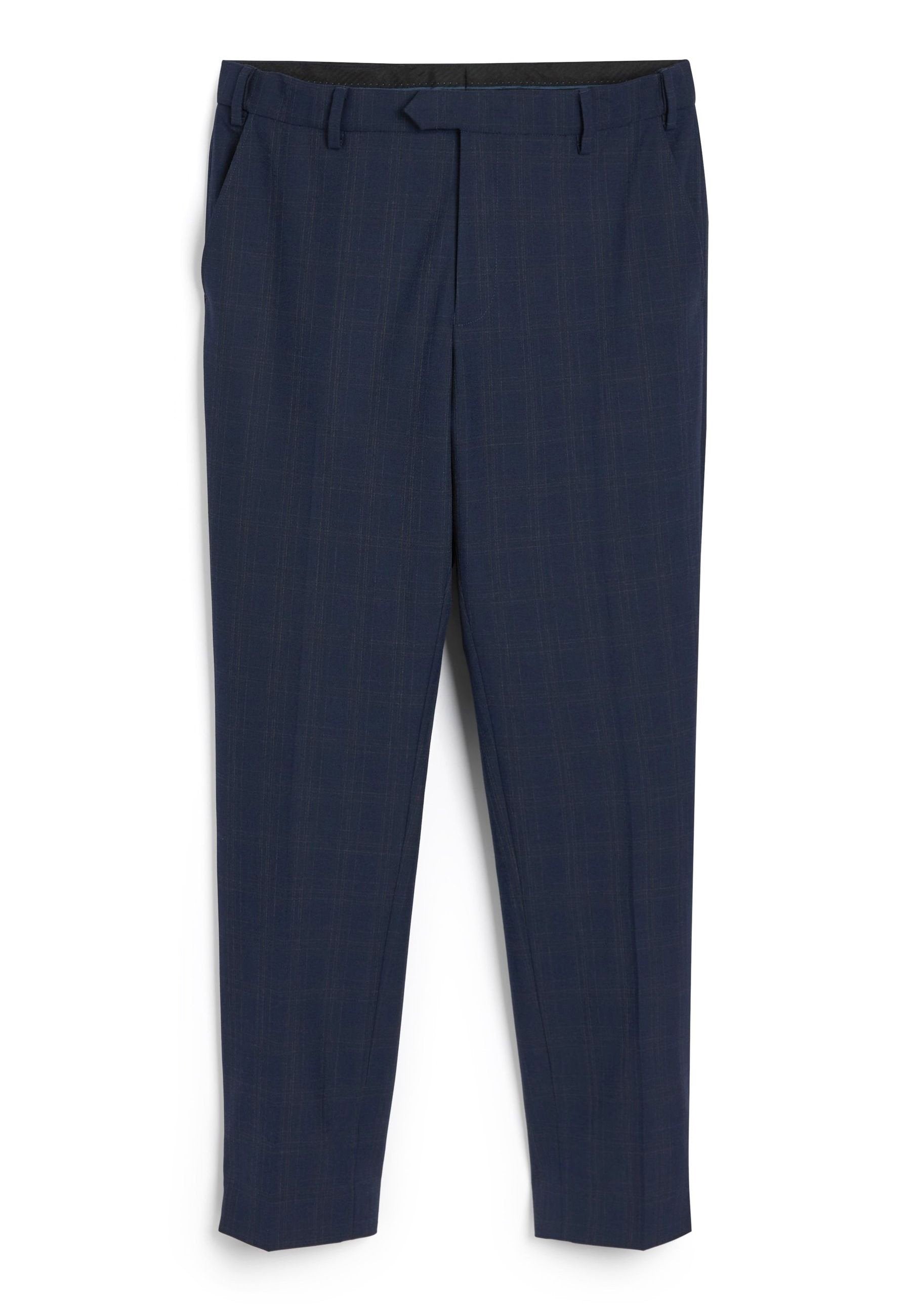 Marine-karierte Hose mit schmaler Passform, aus einem glatten Stoff gefertigt. Verfügt über zwei seitliche Taschen und einen Bund mit Gürtelschlaufen.