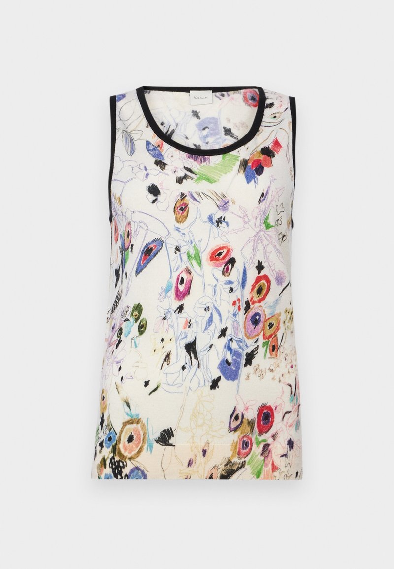 Ärmelloses Oberteil mit floralem Druck in Creme, das lebendige Farben, schwarze Akzente und eine weiche Textur aufweist. Das Design umfasst verschiedene Blumen- und abstrakte Motive.