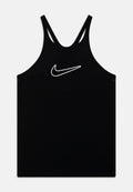 Schwarzes Sport-Top aus glattem Stoff. Mit einem weißen Nike-Logo auf der Vorderseite und schmalen, kreuzenden Schulterträgern.