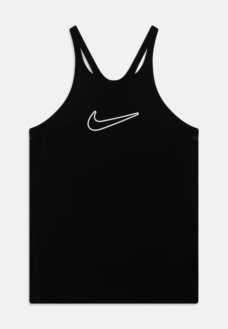 Schwarzes Sport-Top aus glattem Stoff. Mit einem weißen Nike-Logo auf der Vorderseite und schmalen, kreuzenden Schulterträgern.