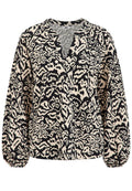 Langarmbluse mit schwarz-beige abstraktem Tierdruck, V-Ausschnitt und gerafften Manschetten.