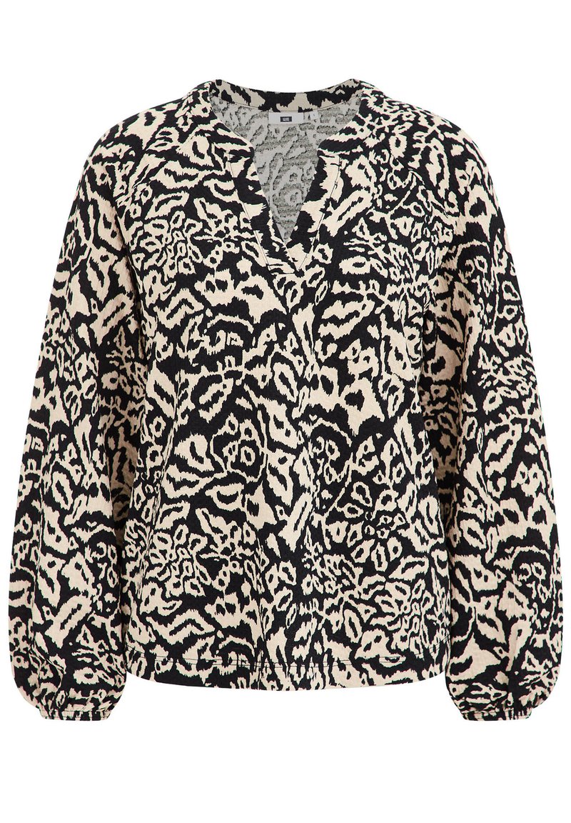Langarmbluse mit schwarz-beige abstraktem Tierdruck, V-Ausschnitt und gerafften Manschetten.
