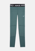 Türkisfarbene, knöchellange Nike Pro Leggings mit schwarzem elastischem Bund und weißem Nike-Logo am Oberschenkel.