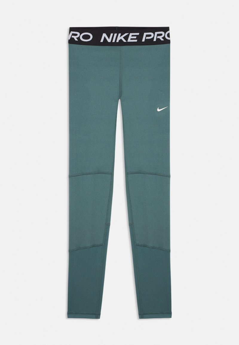 Türkisfarbene, knöchellange Nike Pro Leggings mit schwarzem elastischem Bund und weißem Nike-Logo am Oberschenkel.