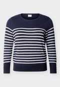 Marineblauer Pullover mit langen Ärmeln, weißen horizontalen Streifen und Knopfdetails an den unteren Ärmeln, Rundhalsausschnitt.