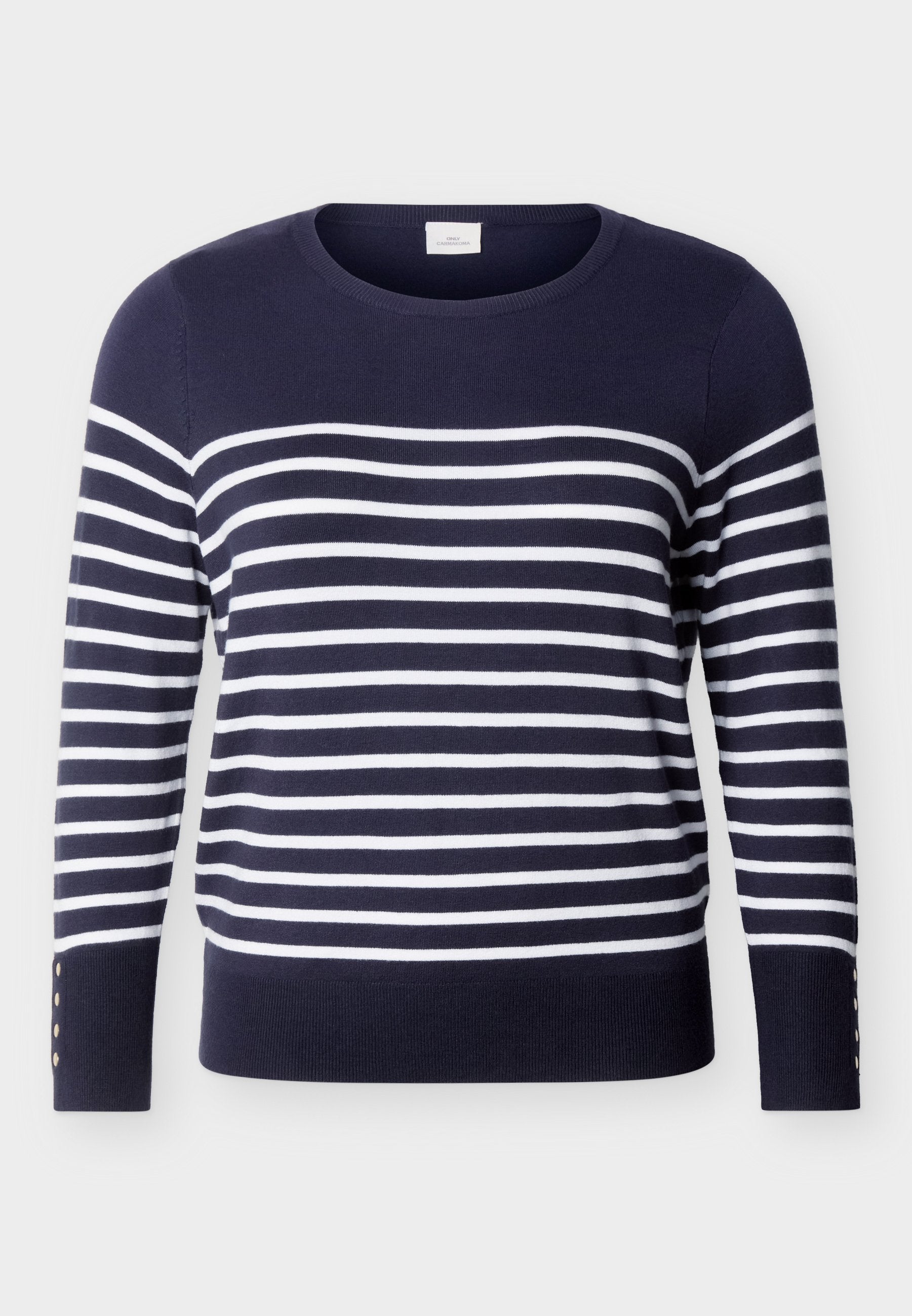 Marineblauer Pullover mit langen Ärmeln, weißen horizontalen Streifen und Knopfdetails an den unteren Ärmeln, Rundhalsausschnitt.