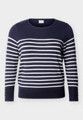 Marineblauer Pullover mit langen Ärmeln, weißen horizontalen Streifen und Knopfdetails an den unteren Ärmeln, Rundhalsausschnitt.