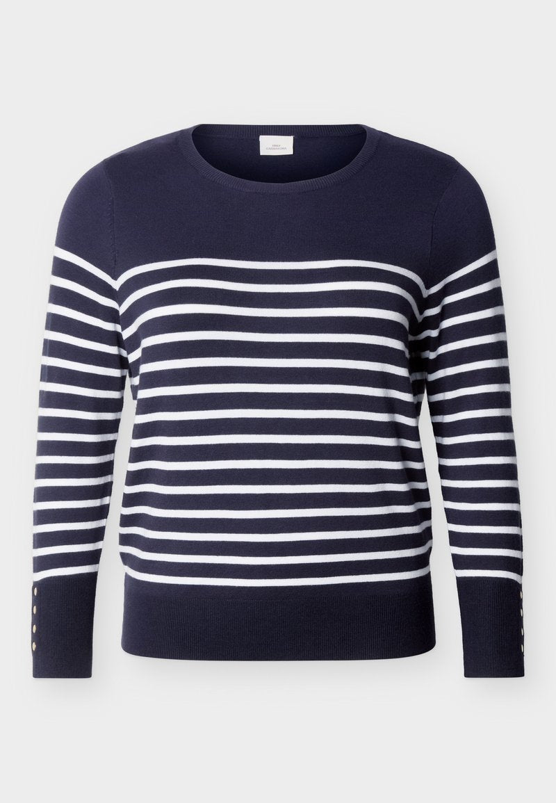Marineblauer Pullover mit langen Ärmeln, weißen horizontalen Streifen und Knopfdetails an den unteren Ärmeln, Rundhalsausschnitt.