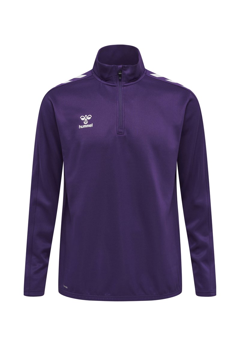 Lila langärmeliger Sportpullover mit Viertelreißverschluss, weißem Hummel-Logo auf der Brust und weißen Chevron-Streifen auf den Schultern.