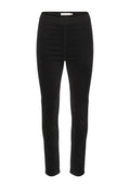 Schwarze Stretch-Leggings mit glatter Textur, mittelhohem Bund und schlanker Passform. Keine sichtbaren Beschläge oder Verzierungen.