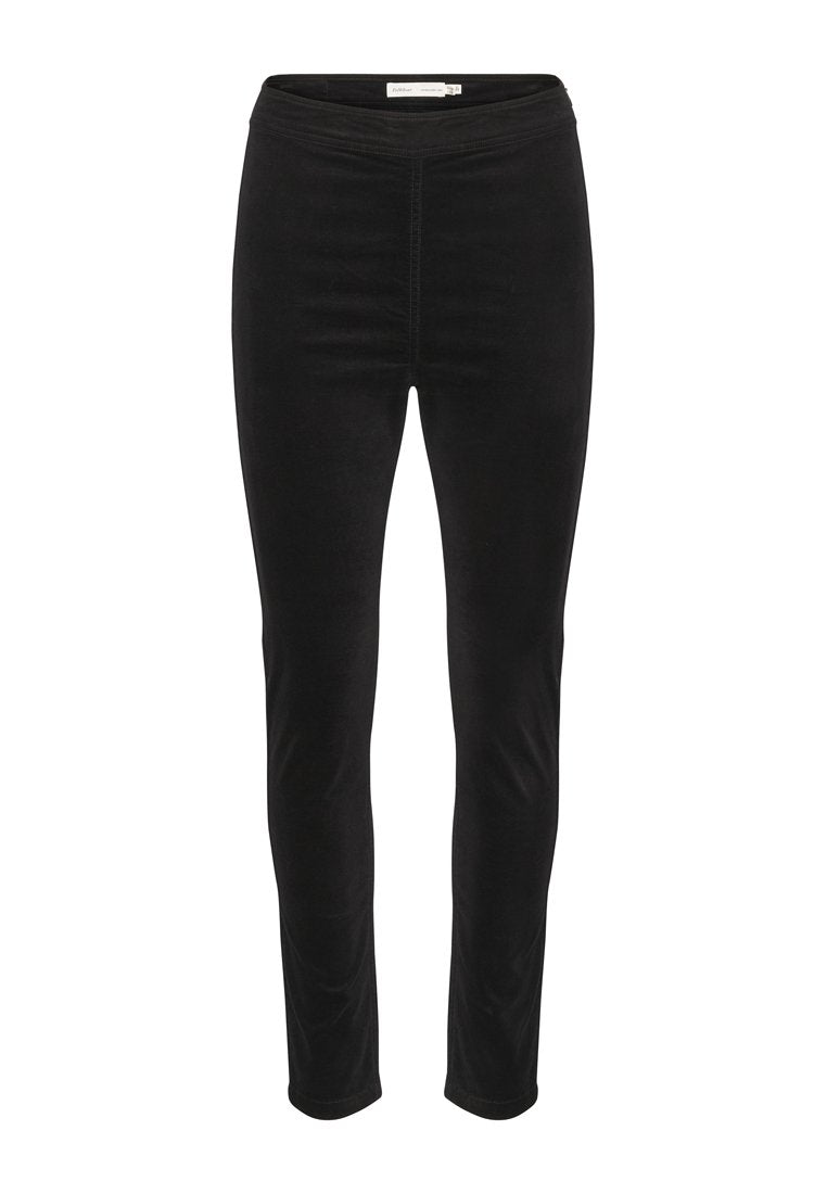 Schwarze Stretch-Leggings mit glatter Textur, mittelhohem Bund und schlanker Passform. Keine sichtbaren Beschläge oder Verzierungen.