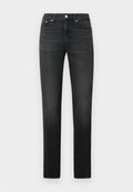 Schwarze Denim-Jeans mit geradem Bein, ausgestattet mit einem mittelhohen Bund, fünf Taschen und einem Metallknopfverschluss. Dezente Verwaschung.