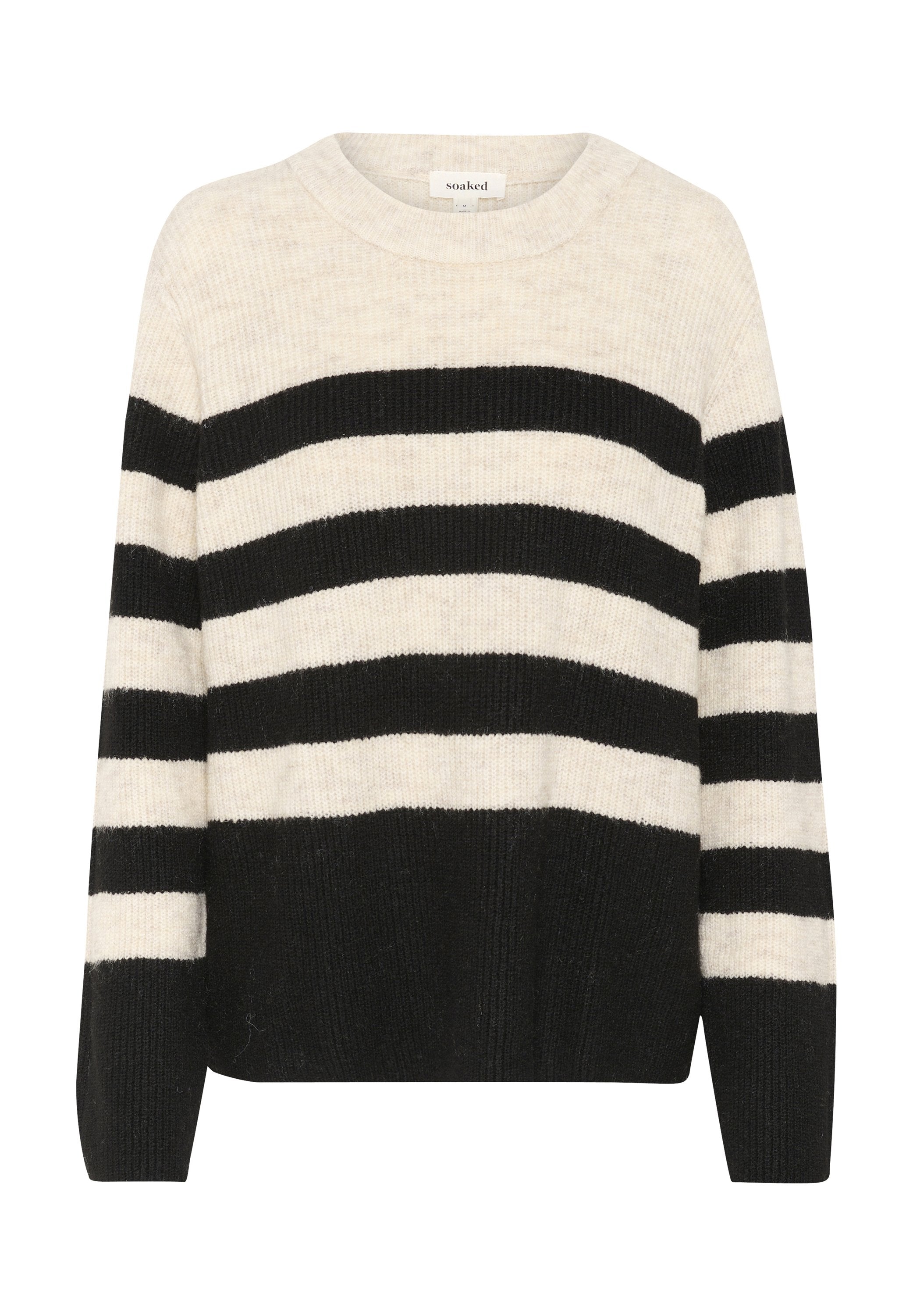 Gestreifter Pullover in Schwarz und Creme, aus weichem Strickstoff. Er besitzt einen gerippten Rundhalsausschnitt und eine lockere Passform mit überschnittenen Schultern.