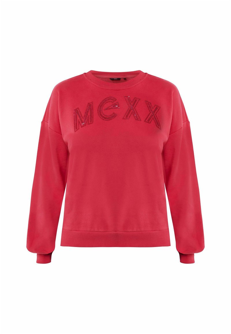 Roter Sweatshirt mit langen Ärmeln, gerippten Bündchen und Halsausschnitt. Auf der Vorderseite befinden sich die Buchstaben "MCXX" in strukturierter Stickerei.