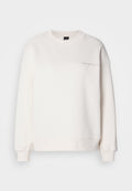 Weißer Sweatshirt aus einer Baumwollmischung. Verfügt über einen Rundhalsausschnitt, überschnittene Schultern und dezenten gestickten Text auf der Brust.