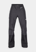 Schwarze wasserdichte Hose mit glatter Textur, ausgestattet mit einem GORE-TEX-Logo auf der Vorderseite und verstärkten Unterschenkeln für zusätzliche Haltbarkeit.