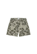 Olivgrüne Shorts mit weißem Blumenmuster, elastischem Bund und Kordelzug. Ausgestattet mit einem strukturierten Stoff mit horizontalen Streifen.
