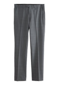 Grau karierte Hose mit geradem Bein, Knopfverschluss, seitlichen Taschen und einer glatten Stoffstruktur.