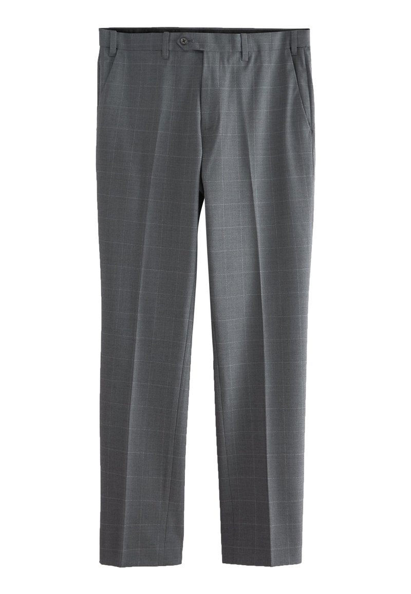 Grau karierte Hose mit geradem Bein, Knopfverschluss, seitlichen Taschen und einer glatten Stoffstruktur.