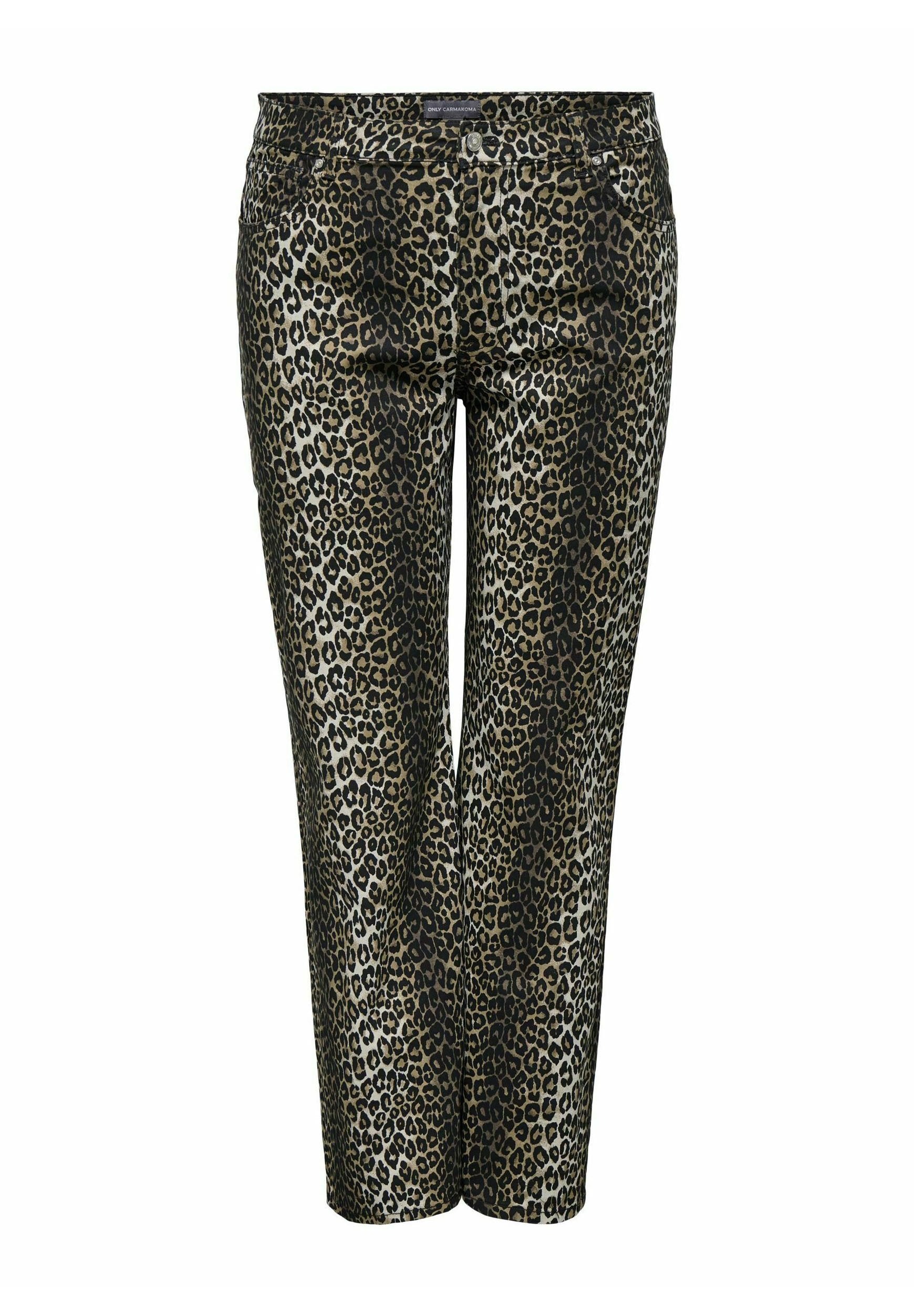 Leopardmuster-Hose aus elastischem Stoff, mit einer taillierten Passform, seitlichen Taschen und einem Reißverschluss mit Knopfverschluss.
