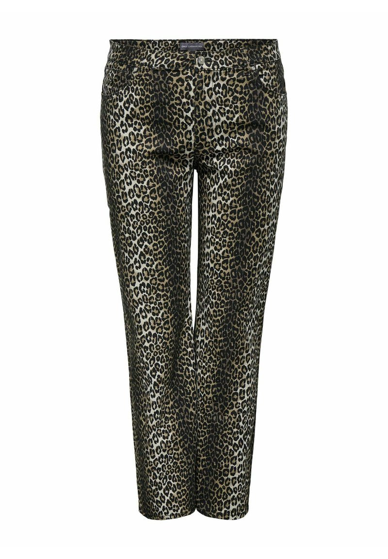 Leopardmuster-Hose aus elastischem Stoff, mit einer taillierten Passform, seitlichen Taschen und einem Reißverschluss mit Knopfverschluss.