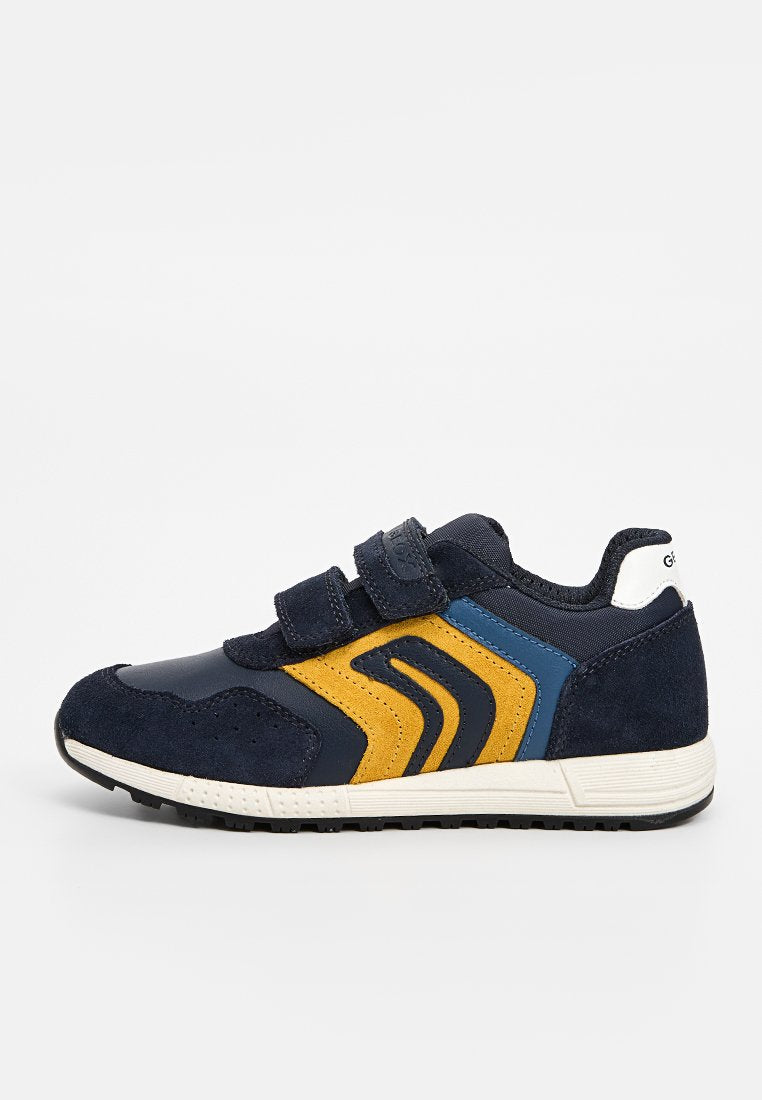 Navy Velcro-Sneaker mit gelben und blauen Akzenten, aus Wildleder und Mesh-Materialien, mit einer strukturierten Sohle und einem sportlichen Design.