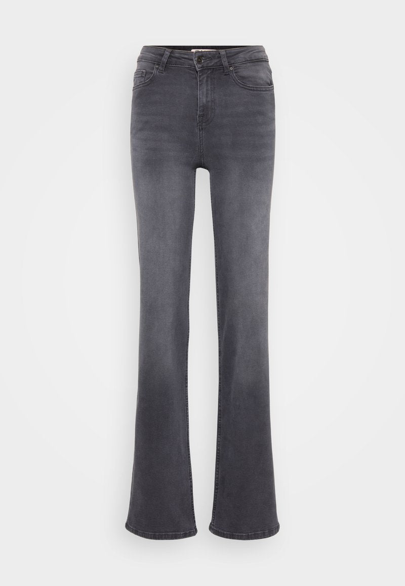 Graue Schlagjeans aus Denim mit hohem Bund, fünf Taschen und einem Knopfverschluss. Glatte Textur mit subtilen Verbleichungen.