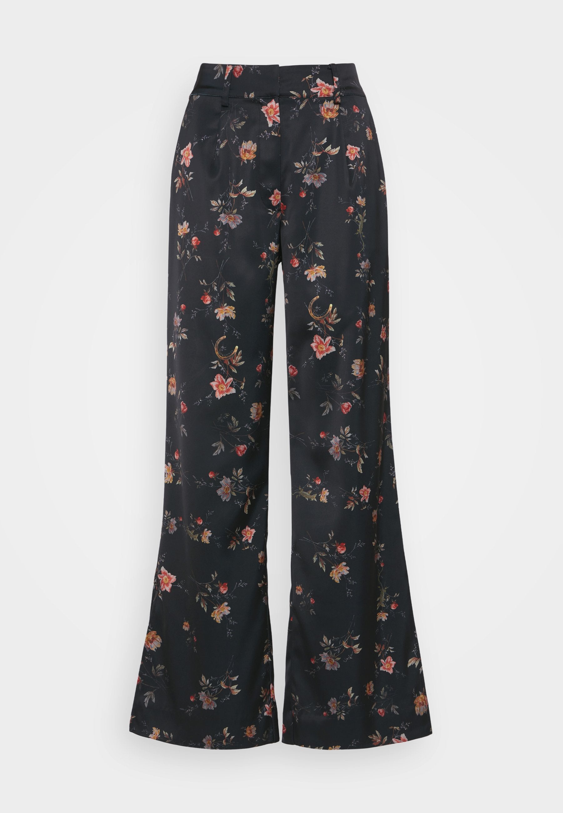 Schwarz geweitete Hosen aus einem Stoff mit floralem Muster, das rote, orange und lila Blumen zeigt, mit glatter Textur und Vorderfalten.
