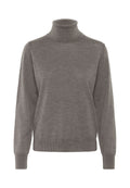 Grauer Rollkragenpullover aus weichem, leichtem Stoff. Mit langen Ärmeln und einer gerippten Textur am gesamten Körper und am Kragen.