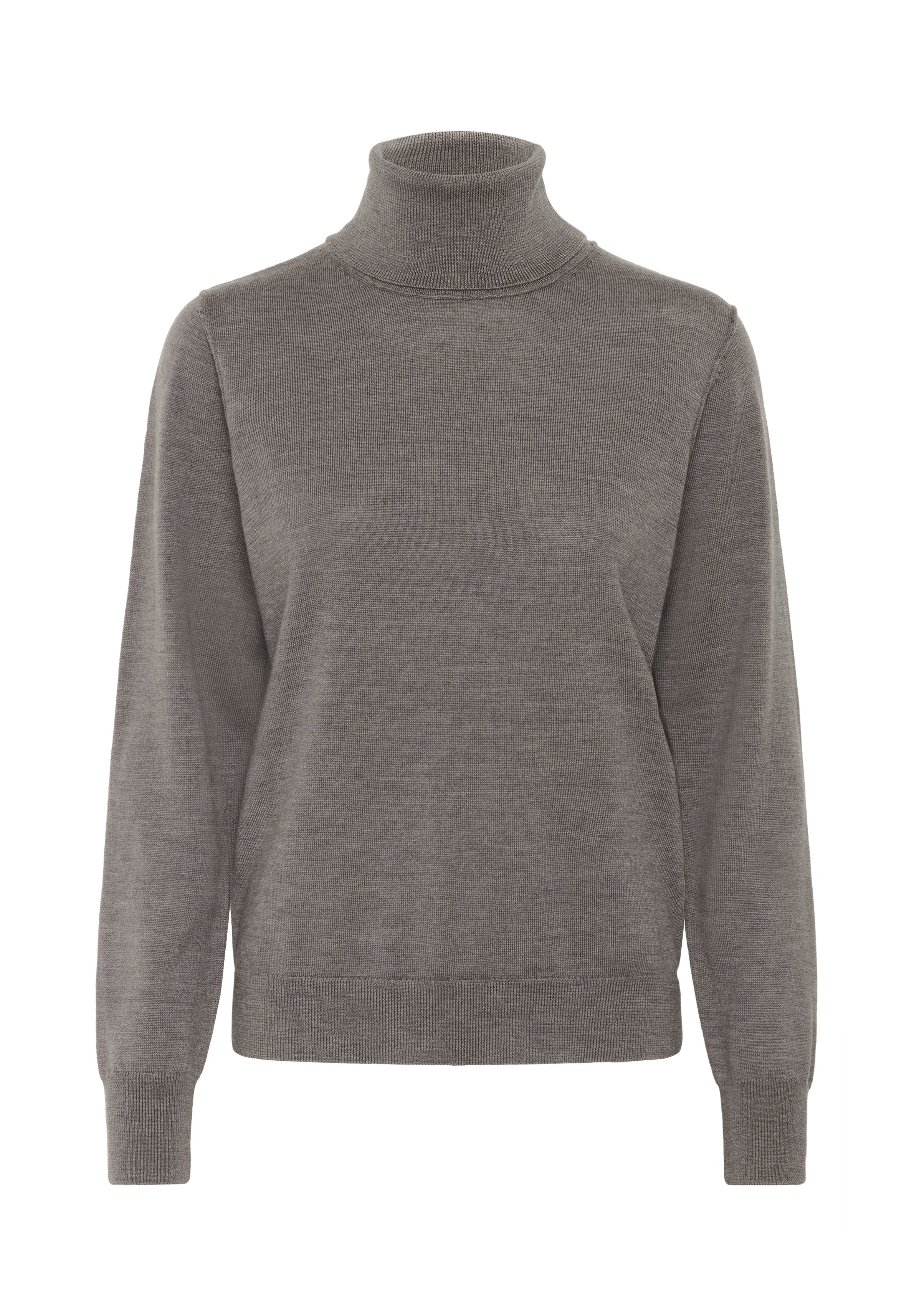 Grauer Rollkragenpullover aus weichem, leichtem Stoff. Mit langen Ärmeln und einer gerippten Textur am gesamten Körper und am Kragen.