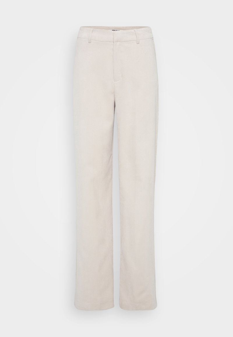 Hellbeige Cordhosen mit geradem Bein, ausgestattet mit einer glatten Textur, Gürtelschlaufen und einem Reißverschluss mit Knopfverschluss.