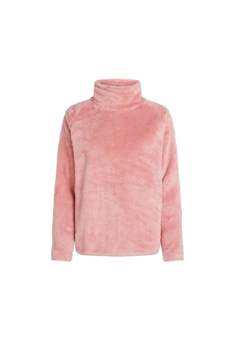 Rosa Fleece-Turtleneck-Pullover mit weichem Material, langen Ärmeln und lockerer Passform. Der Stoff hat ein flauschiges Aussehen und minimale Nähte.