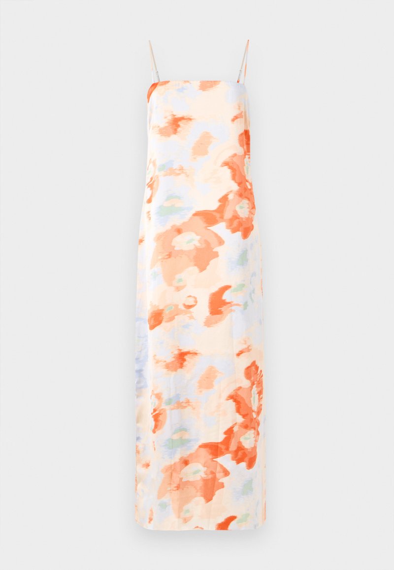 Blumiges Maxikleid in pastellfarbenen Tönen mit abstrakten Mustern in Orange und Hellblau, ausgestattet mit verstellbaren Spaghettiträgern und einer glatten Textur.