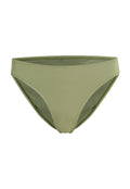 Grüner Bikiniunterteil aus glattem Material, mit einem tief sitzenden Design, kontrastierenden Mesh-Details und einem nahtlosen Abschluss.