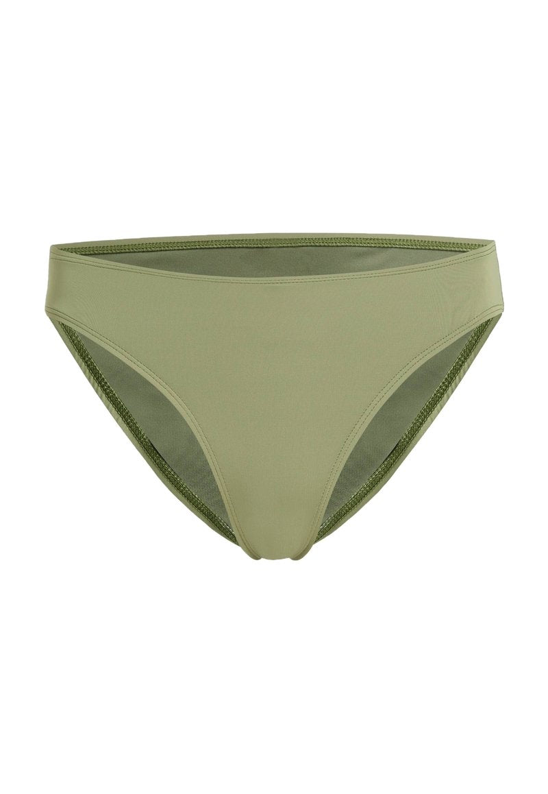 Grüner Bikiniunterteil aus glattem Material, mit einem tief sitzenden Design, kontrastierenden Mesh-Details und einem nahtlosen Abschluss.