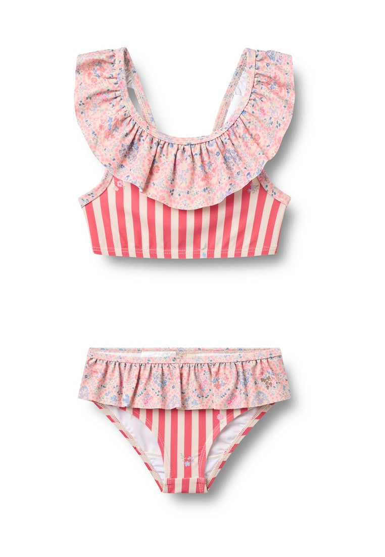 Rosa gestreifter Bikini bestehend aus einem oberen Teil mit Rüschensaum und Blumenmuster sowie passendem, gerüschtem Unterteil. Hergestellt aus glattem, elastischem Stoff.