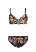 Schwarzes Bikini mit lebhaften tropischen Blattmustern in Grün, Pink und Lila. Verfügt über ein Teil-Cup-Oberteil und einen passenden Unterteil mit verstellbaren Trägern.